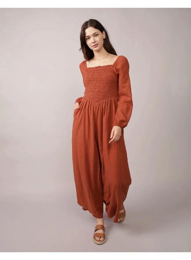 American Eagle AE Puff Sleeve Smocked Jumpsuit