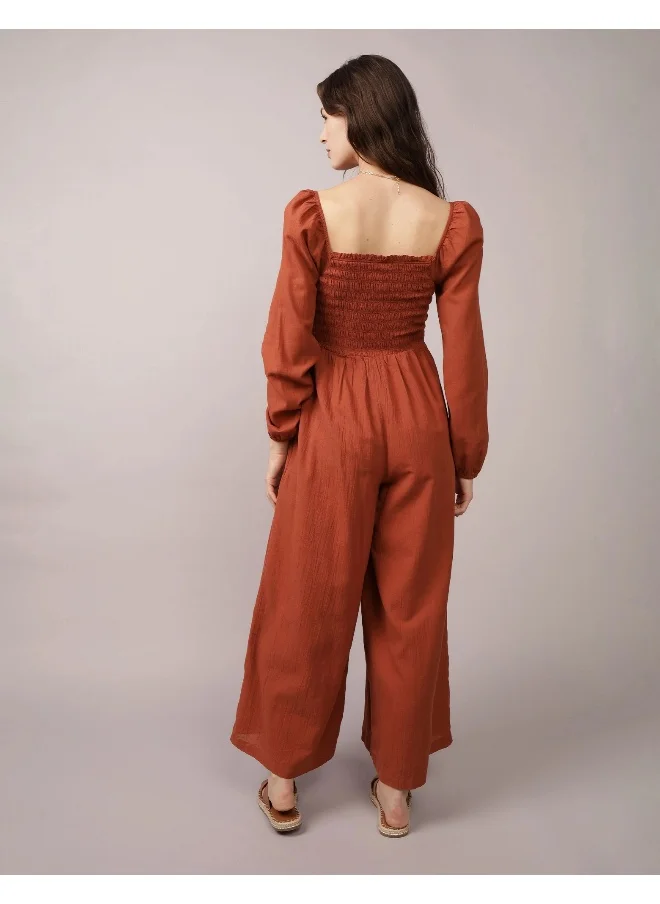 American Eagle AE Puff Sleeve Smocked Jumpsuit