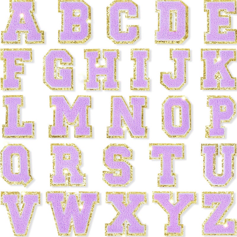 Mtlee 26 Pieces Glitters Patches Iron on Letters Chenille AZ Patches Decorative Repair Embroidered Personalized Sew on for Clothing Repairing Hats Shirts Shoes Jeans BagsGold Purple