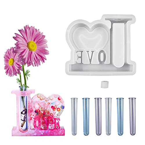 VIOKKO Resin Molds for Vase Plant Propagation Station, Heart Shaped Photo Frame Flower Arrangement Valentine's Silicone Molds with 6 Acrylic Test Tubes for Hydroponic/Flowers - Image 1