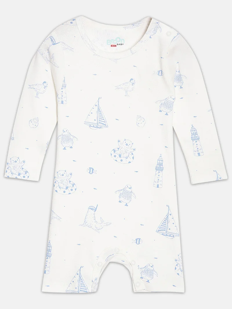 Broon Broon Infant Boys White and Sea Blue Printed Organic Cotton Rompers Pack of 2