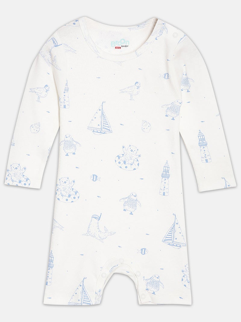 برون طقم رومبرز قطن عضوي مطبوع للأطفال الرضع من برون - أبيض وأزرق بحري - قطعتان - Image 3