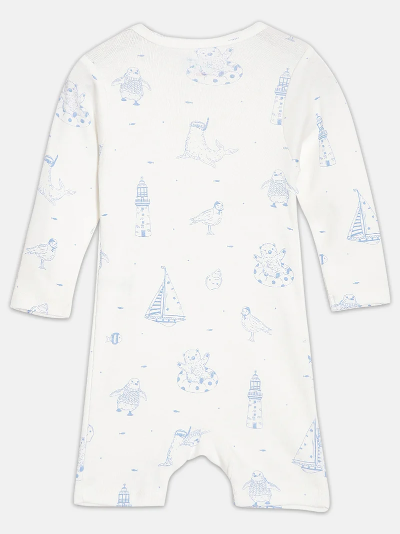 Broon Broon Infant Boys White and Sea Blue Printed Organic Cotton Rompers Pack of 2