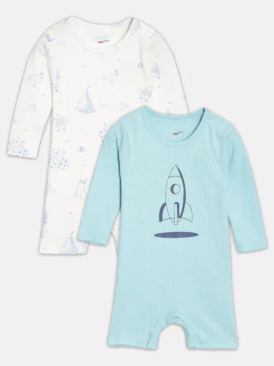 Broon Broon Infant Boys White and Sea Blue Printed Organic Cotton Rompers Pack of 2