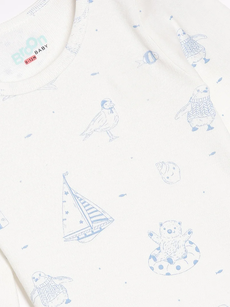 Broon Broon Infant Boys White and Sea Blue Printed Organic Cotton Rompers Pack of 2