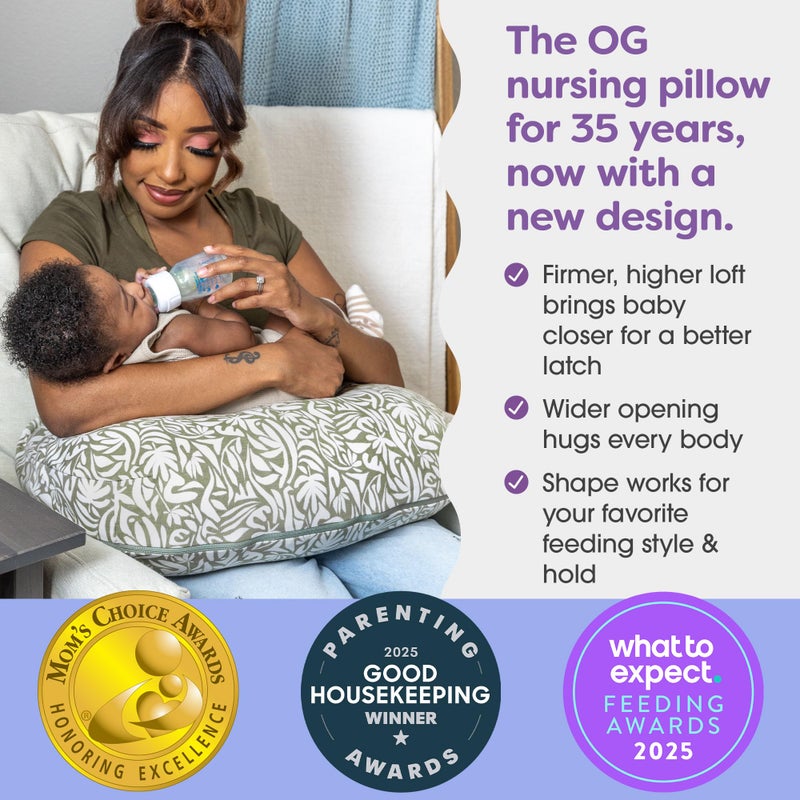Boppy Nursing Pillow - Ergonomic Bottle & Breastfeeding Pillow, Higher, Firmer & Larger, Water-Repellent with Washable Organic Cotton Cover, Baby Safety Alliance Verified - Green Cut Out Leaves - Image 3