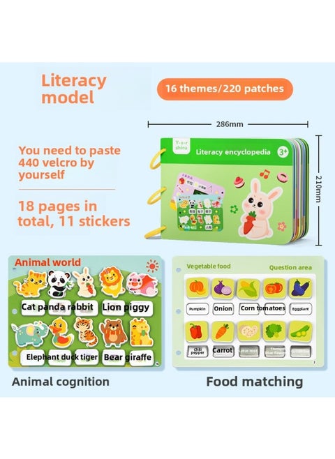 Quiet Book Children's Early Education Enlightenment Paste Book Puzzle Baby Sticker Book Toy Busy Book-Color:Literacy Books [16 Themes/220 Patches] Need To Be Glued With Hook And Loop