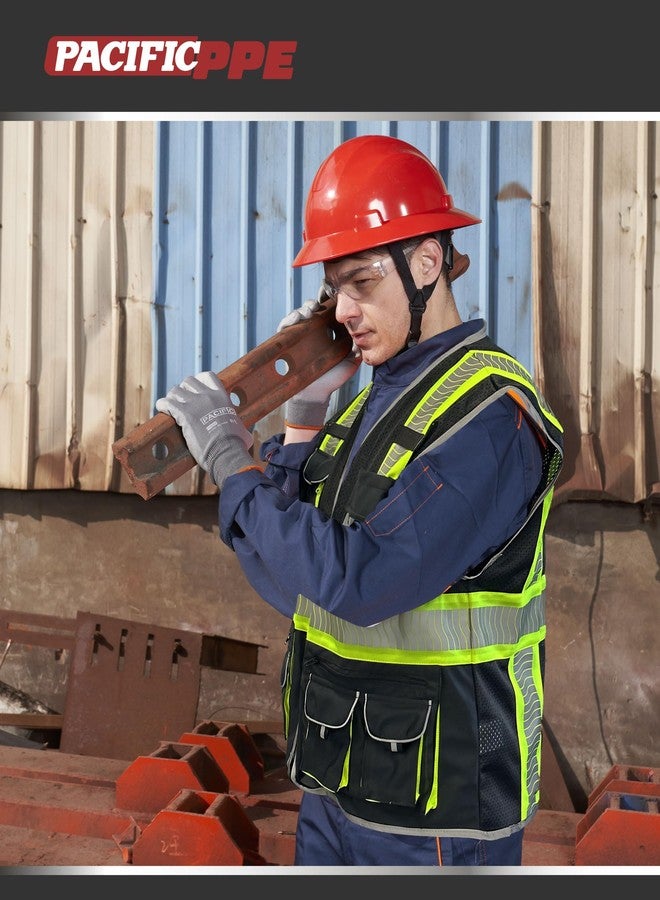 PACIFIC PPE سترة أمان سوداء عالية الوضوح من باسيفيك بي بي إي، 10 جيوب، للرجال والنساء، مصنوعة من قماش شبكي عاكس عالي الوضوح من 3M، مع ياقة مبطنة، معدات عمل، ANSI 107 النوع R الفئة 1، مقاس كبير، أسود - Image 4
