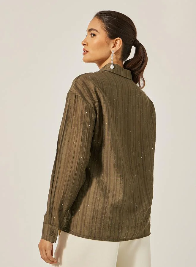 Styli Textured Striped Regular Fit Shirt with Metallic Detail