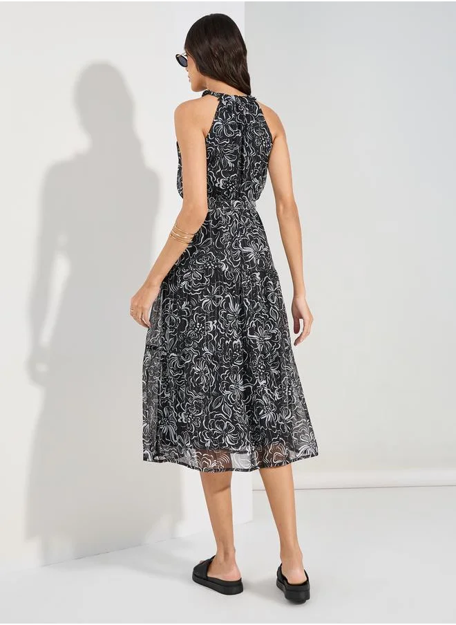 ستايلي Halter Neck Tiered Midi Dress with Tie Belt