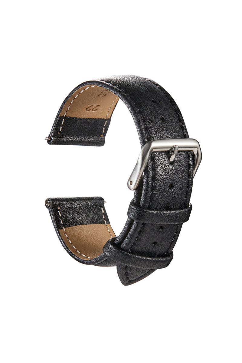 سوار ساعة من الجلد الطبيعي الأسود بالكامل، مقاس 22 مم، بديل لأحزمة ساعات اليد المتوفرة بمقاسات 18 مم، 20 مم، 22 مم، و24 مم.