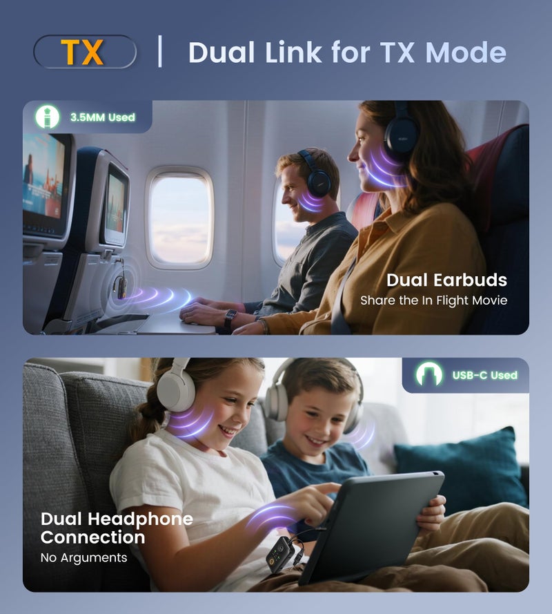 Sunnymark جهاز إرسال واستقبال بلوتوث 5.4 بتصميم فريد مع Qualcomm aptX Adaptive لسماعات AirPods/سماعات الرأس المزدوجة، مقبس 3.5 مم وموصل بلوتوث USB C للطائرة/التلفاز/PS5/الصالة الرياضية/الهاتف (لرحلات الطيران) - Image 4