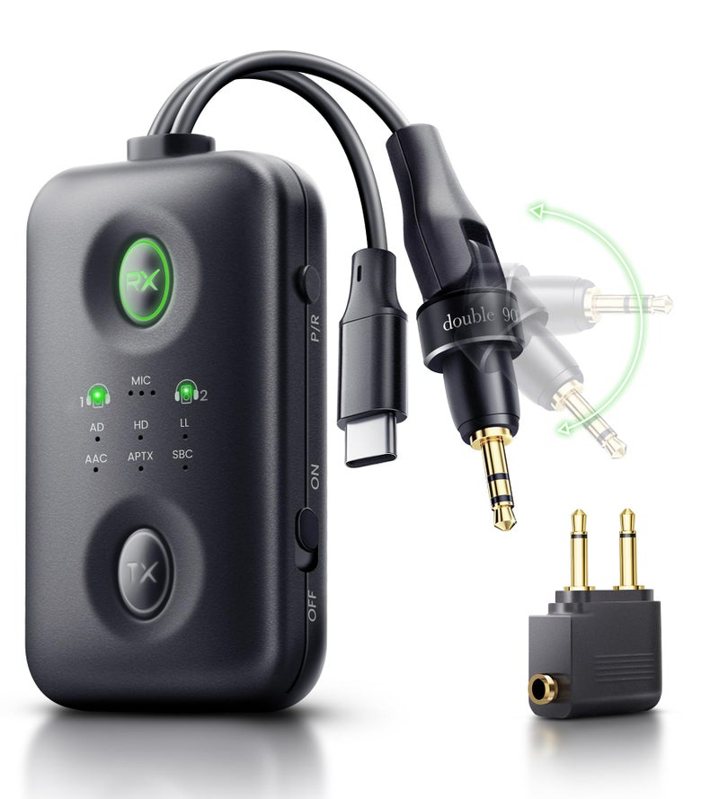 Sunnymark جهاز إرسال واستقبال بلوتوث 5.4 بتصميم فريد مع Qualcomm aptX Adaptive لسماعات AirPods/سماعات الرأس المزدوجة، مقبس 3.5 مم وموصل بلوتوث USB C للطائرة/التلفاز/PS5/الصالة الرياضية/الهاتف (لرحلات الطيران) - Image 1