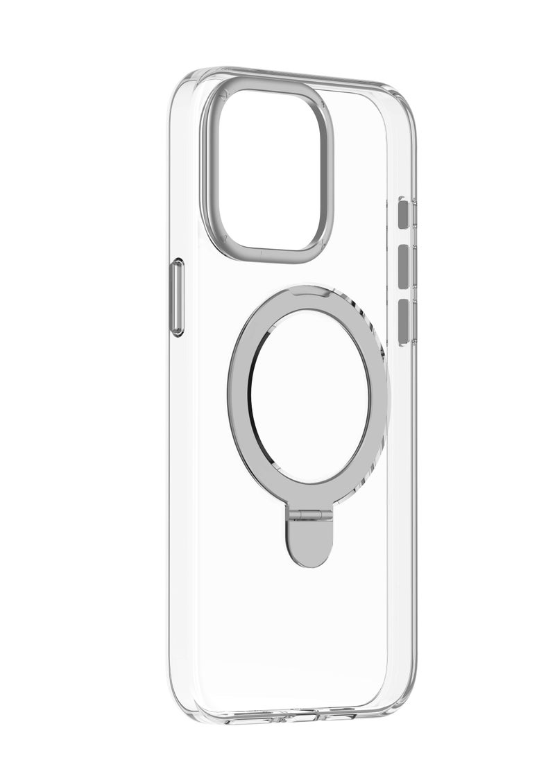 Momax - Flip Magnetic Case for iPhone 15 Pro | MagSafe Compatible w/ Ring Grip and Stand, Drop & Scratch Protection w/ Raised Edges, Shock Resistant, Anti-Slip - Transparent Clear - Image 1