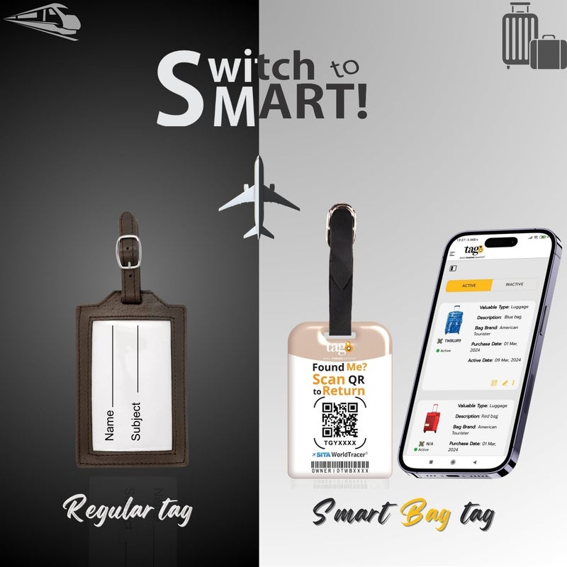 tag8 [Pack 2] Smart Luggage Tag ID with Name Initial B| Bag Tag with Global Loss Recovery Service | Airline Compliant | SITA World Tracer Code Enabled | Smart Alternative to Name Tags | Gift idea (M) - Image 2