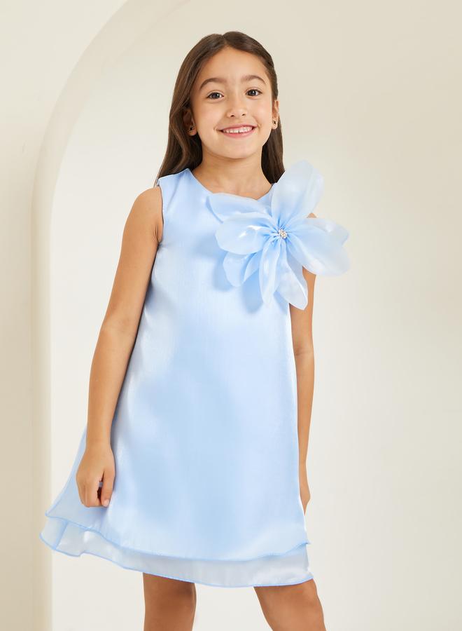 Styli Girls Light Blue Sleeveless Dress with Flower Detail - Image 1