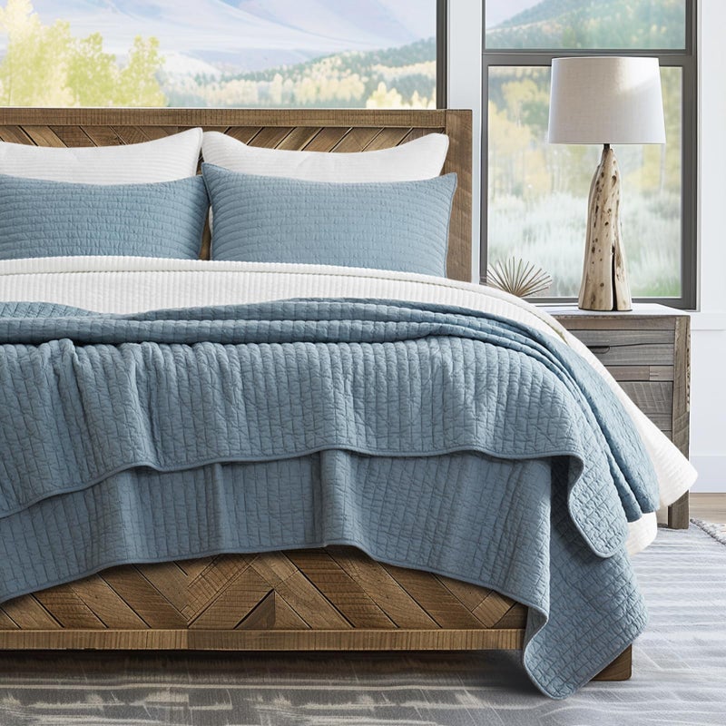EVERGRACEHOME EVERGRACE x Kinsey Walsh Cross Stitch Pre-Washed Cotton Quilt Bedding Set Queen Size, Oversized 3 Pieces Lightweight Bedspread Coverlet for All Season, with 2 Matching Shams, Dusty Blue, 92"x96" - Image 1