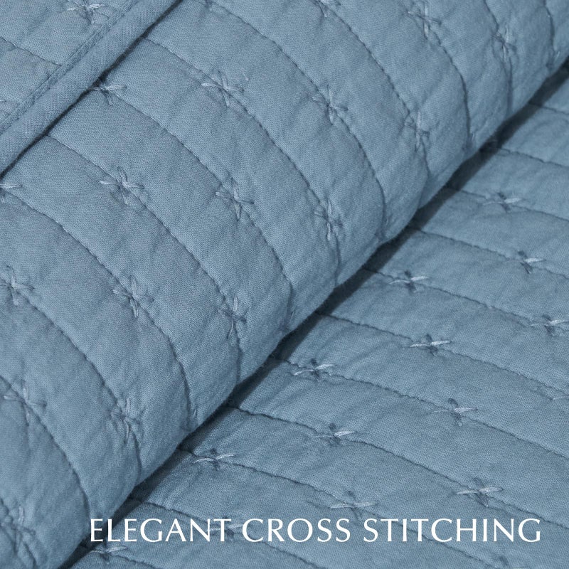 EVERGRACEHOME EVERGRACE x Kinsey Walsh Cross Stitch Pre-Washed Cotton Quilt Bedding Set Queen Size, Oversized 3 Pieces Lightweight Bedspread Coverlet for All Season, with 2 Matching Shams, Dusty Blue, 92"x96" - Image 3