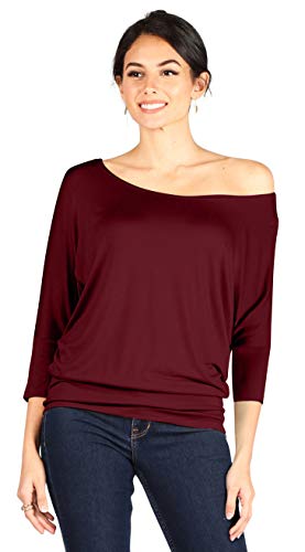 Simlu Womens Jersey Off the Shoulder Sweater Top Round Scoop Neck,Burgundy,Large - Image 2