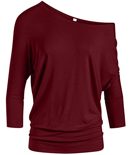 Simlu Womens Jersey Off the Shoulder Sweater Top Round Scoop Neck,Burgundy,Large - Image 1
