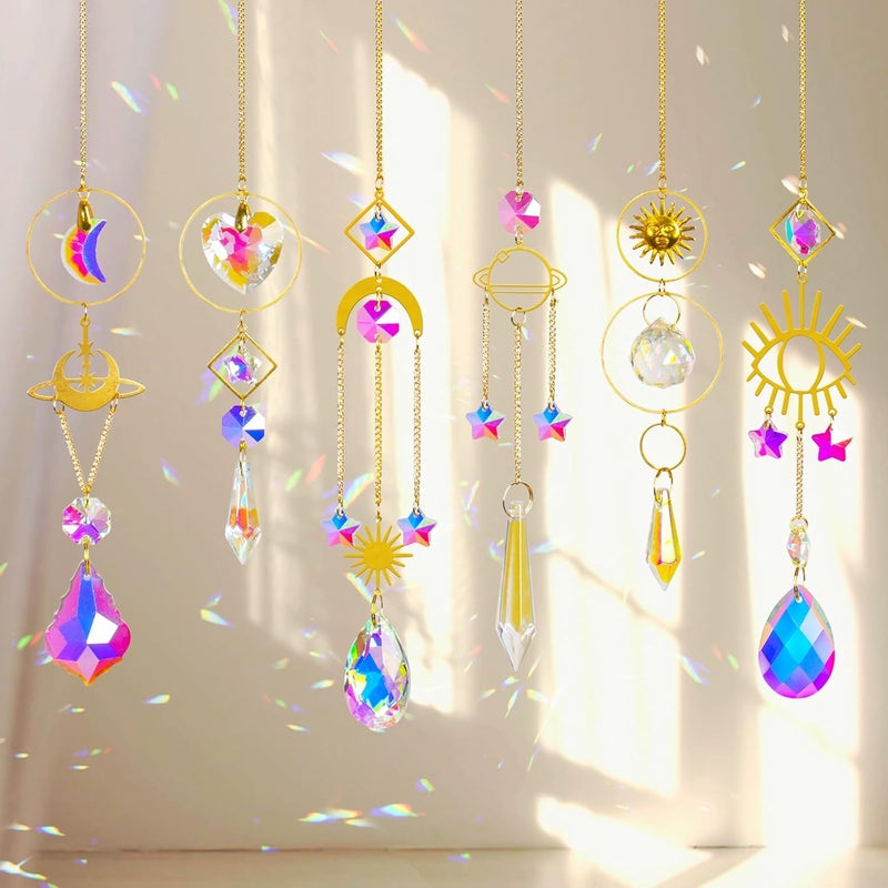 ilclviz Sun Catchers 6Pieces Colorful Crystals Suncatcher with Chain Pendant Ornaments Hanging Crystals Prism Rainbow for Window Home Indoor Outdoor Car Mirror Garden Christmas Day Party - Image 1