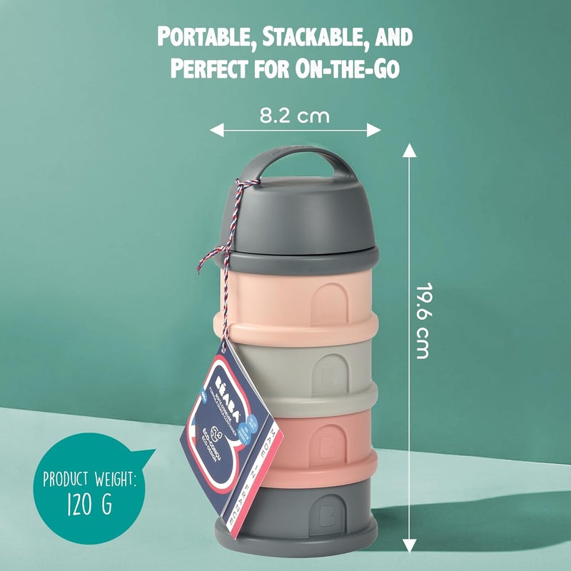 Baba حاوية بيبا متعددة الوظائف لتخزين الحليب - حاوية محكمة الإغلاق لتخزين مسحوق الحليب وطعام الأطفال، 4 أقسام قابلة للتبديل، آمنة للاستخدام في الميكروويف، مناسبة للسفر، وردي ورمادي معدني - Image 3