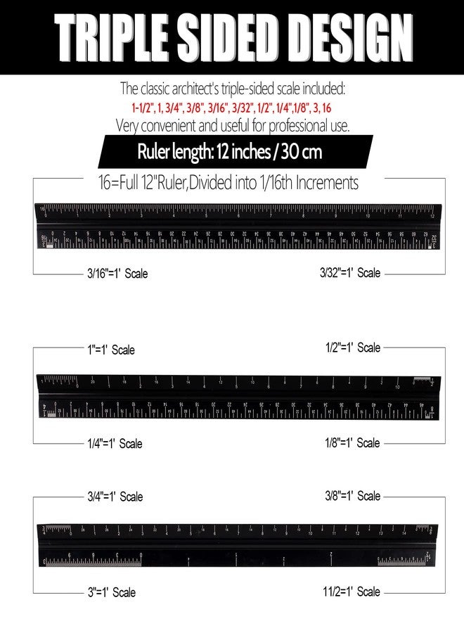 DSUWAZU 12" Architectural Scale Ruler, Aluminum Scale, Triangular Ruler, Scale Ruler for Blueprint Imperial Measurements for Architects Engineering Artists, Draftsman Drawing, Laser-Etched Markings.(Black) - Image 3
