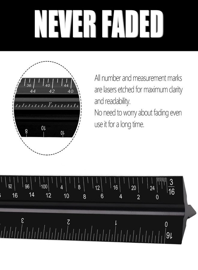 DSUWAZU 12" Architectural Scale Ruler, Aluminum Scale, Triangular Ruler, Scale Ruler for Blueprint Imperial Measurements for Architects Engineering Artists, Draftsman Drawing, Laser-Etched Markings.(Black) - Image 4