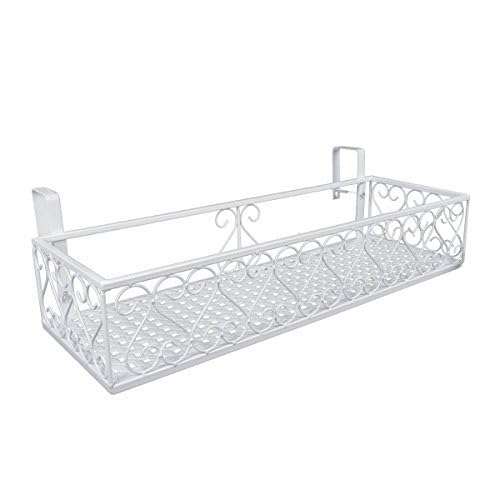 Saim Large Hanging Plant Holder Railing Shelf, Metal Fence Planters with Hooks Flower Bucket for Balcony Outdoor Garden Window Porch Patio（23.5x8x4.5 Inch - White - Image 1