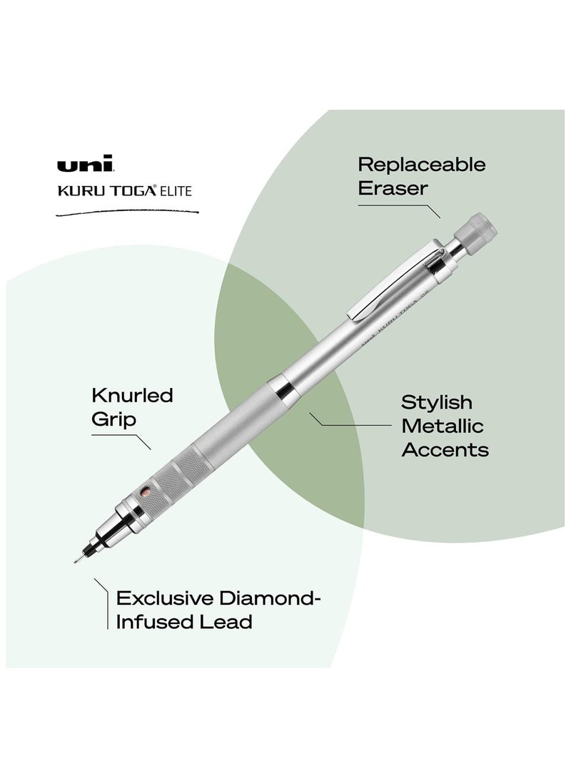Uni Japanese Kuru Toga Elite Mechanical Pencil – Automatic Lead Rotation System for Balanced and Precise Writing – 0.5mm HB #2 – Premium Silver Design – Single Piece – Mechanical Pencil – Drawing Pencil – School Pencil - Image 3