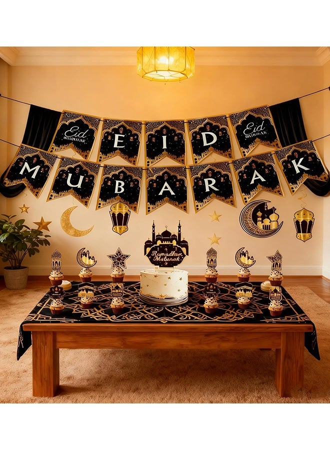 Eid Mubarak Banners Kit,Ramadan Kareem Decorations,Pre-Strung Hanging Swirls Streamer Bunting With Moon Star Mihrab Qibla Wall Minaret Festival Party Decor For Islamic Muslim,Eid Mubarak Decorations Ramadan Decorations for Home - Image 2