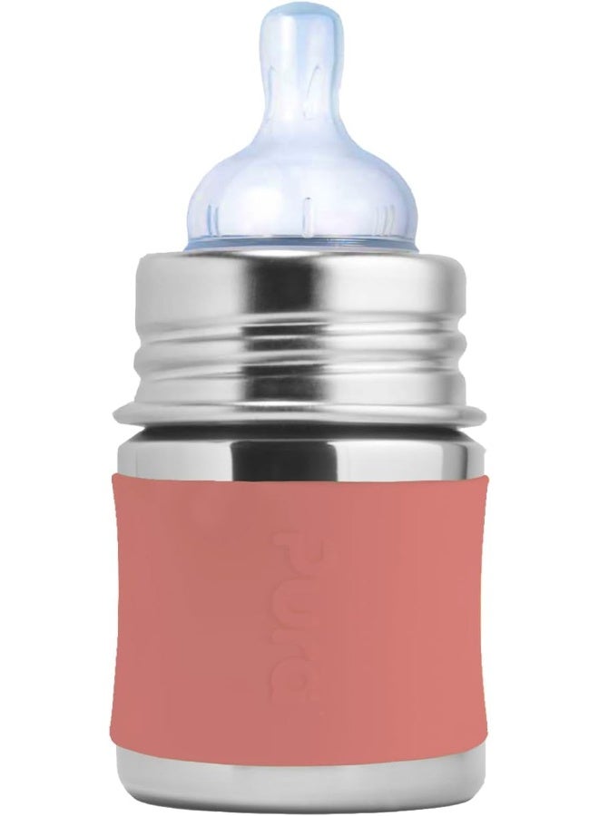 Pura Kiki 5oz/150ml Stainless Steel Anti-Colic Infant Bottle w/Silicone Natural Vent & Sleeve, 100% Plastic-Free, MadeSafe Certified, Medical-Grade Silicone - Rose Sleeve - Image 1