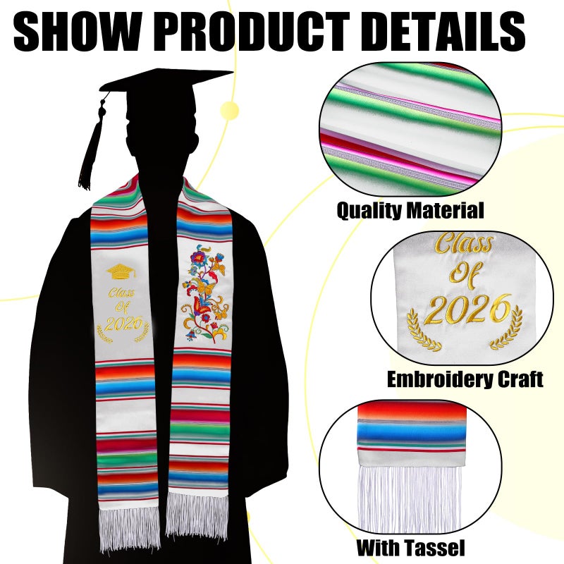 Halfchet Class of 2026 Mexican Graduation Stole 72'' Hispanic Embroidery Mexico Graduation Sash Sarape for Graduation 2026(Novelty) - Image 4
