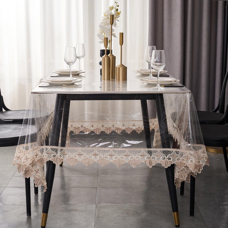 LIBERECOO Clear Vinyl Tablecloth with Stitched Loral Lace Trim, 60 x 120 Waterproof Oilproof Plastic Table Cover with Embroidered Edge Tablecloths Protector - Image 4