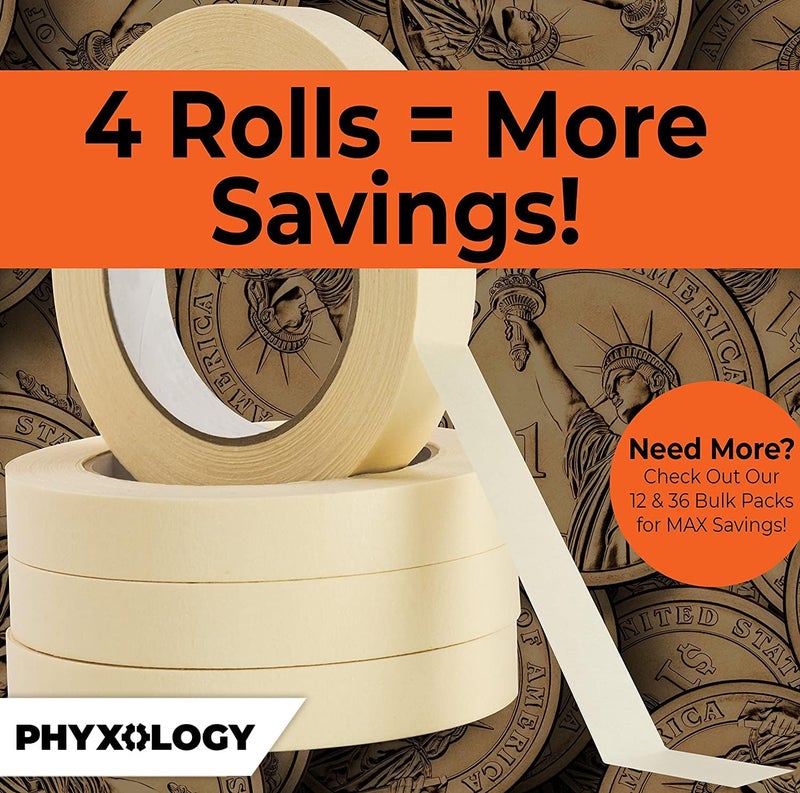 Phyxology Supply 3/4 in Pro-Grade Masking Tape. 60 Yard Roll 4 Pack = 240 Yards of Multi-Use, Easy Tear Removable Tape. Great for Labeling, Painting, Packing and More. Adhesive Leaves No Residue! - Image 5