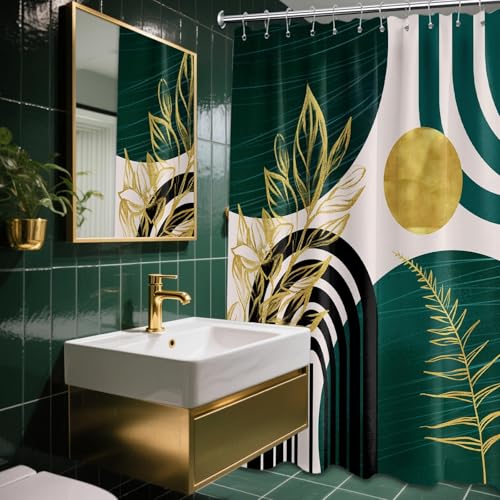 QGHOT Dark Green Shower Curtain Boho Mid Century Modern Emerald Hunter Green and Gold Shower Curtains for Bathroom Decor, Waterproof Cloth Fabric with Hooks, 70" W x 72" L - Image 2