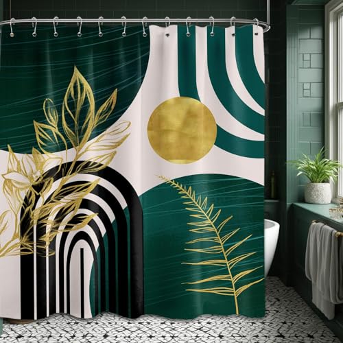 QGHOT Dark Green Shower Curtain Boho Mid Century Modern Emerald Hunter Green and Gold Shower Curtains for Bathroom Decor, Waterproof Cloth Fabric with Hooks, 70" W x 72" L - Image 1