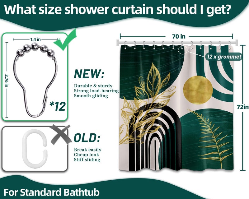 QGHOT Dark Green Shower Curtain Boho Mid Century Modern Emerald Hunter Green and Gold Shower Curtains for Bathroom Decor, Waterproof Cloth Fabric with Hooks, 70" W x 72" L - Image 5
