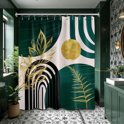 QGHOT Dark Green Shower Curtain Boho Mid Century Modern Emerald Hunter Green and Gold Shower Curtains for Bathroom Decor, Waterproof Cloth Fabric with Hooks, 70" W x 72" L - Image 4