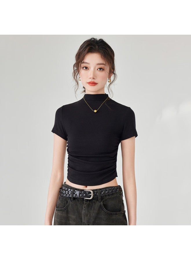 Don't speak Casual Half High Neck Short Sleeve T-shirt Women's Shoulder Inside Wear Bottoming Shirt New Pleated Waist Top Black 2XL - Image 3