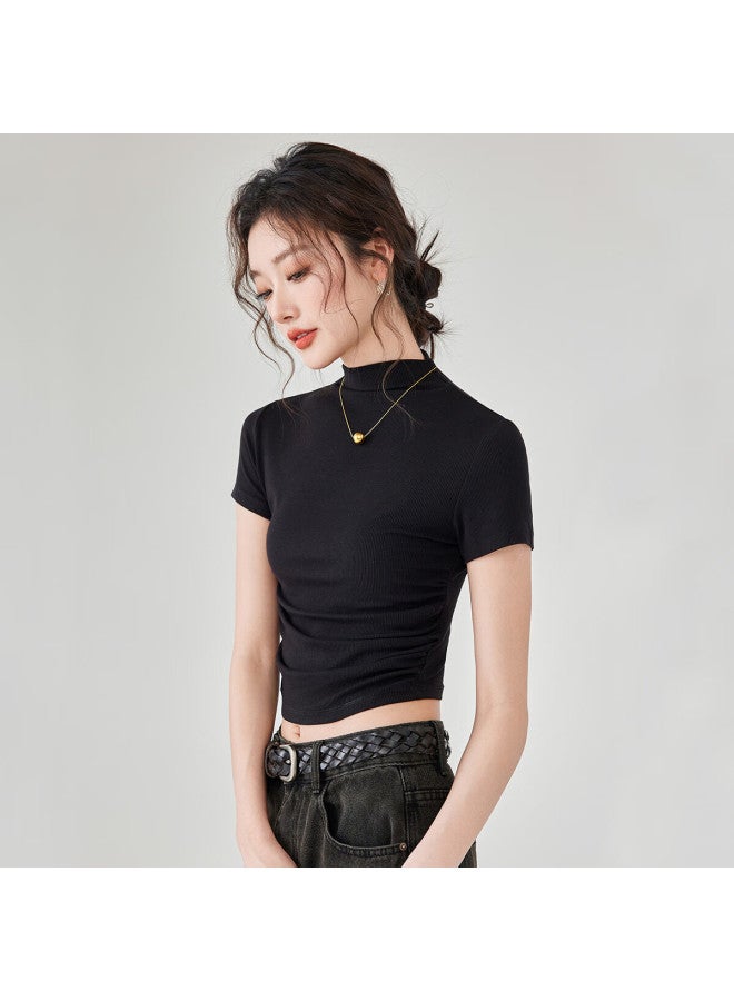 Don't speak Casual Half High Neck Short Sleeve T-shirt Women's Shoulder Inside Wear Bottoming Shirt New Pleated Waist Top Black 2XL - Image 1