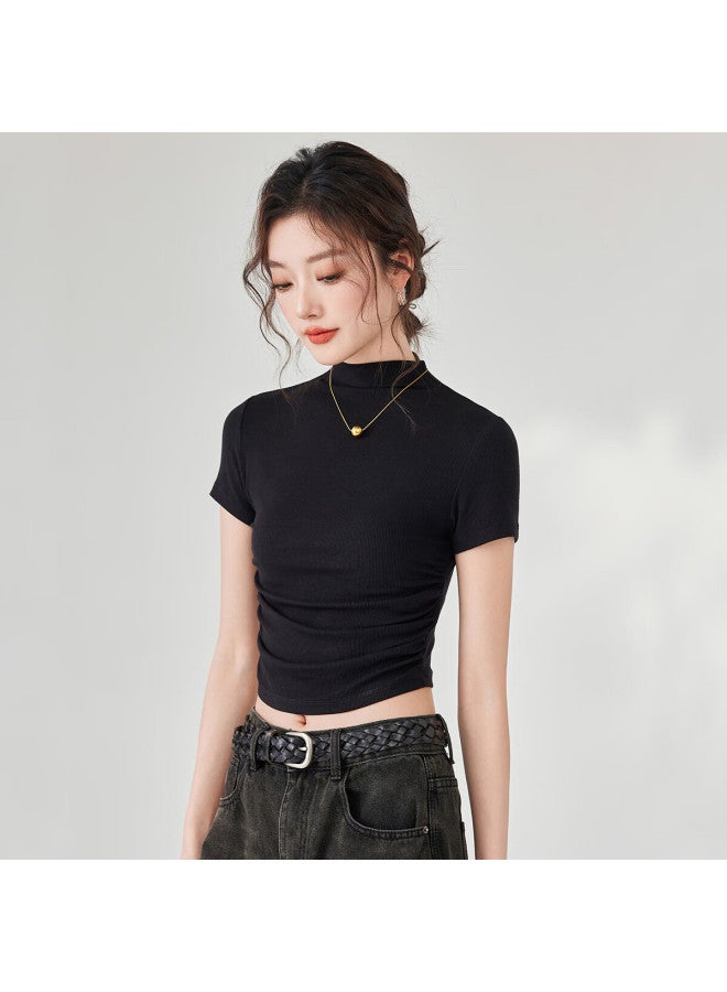 Don't speak Casual Half High Neck Short Sleeve T-shirt Women's Shoulder Inside Wear Bottoming Shirt New Pleated Waist Top Black 2XL - Image 2