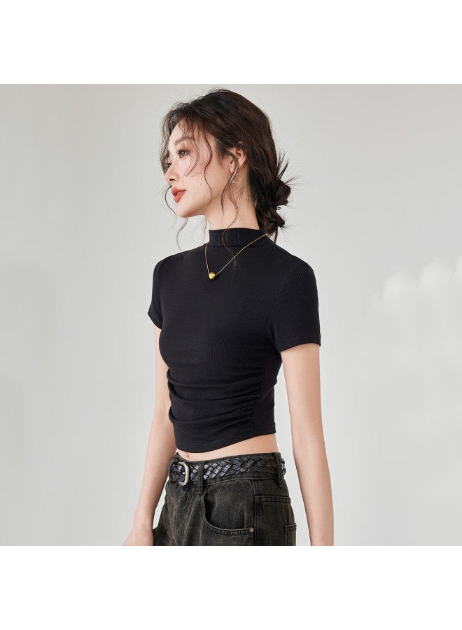 Don't speak Casual Half High Neck Short Sleeve T-shirt Women's Shoulder Inside Wear Bottoming Shirt New Pleated Waist Top Black 2XL - Image 4