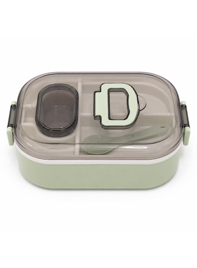 2-Tier Bento Lunch Box with Compartments, Sauce Container and Spoon Fork, Transparent Secure Lid with Carry Handle, Microwave Safe Without Lid, BPA-Free for School and Work - Mint Green - Image 1