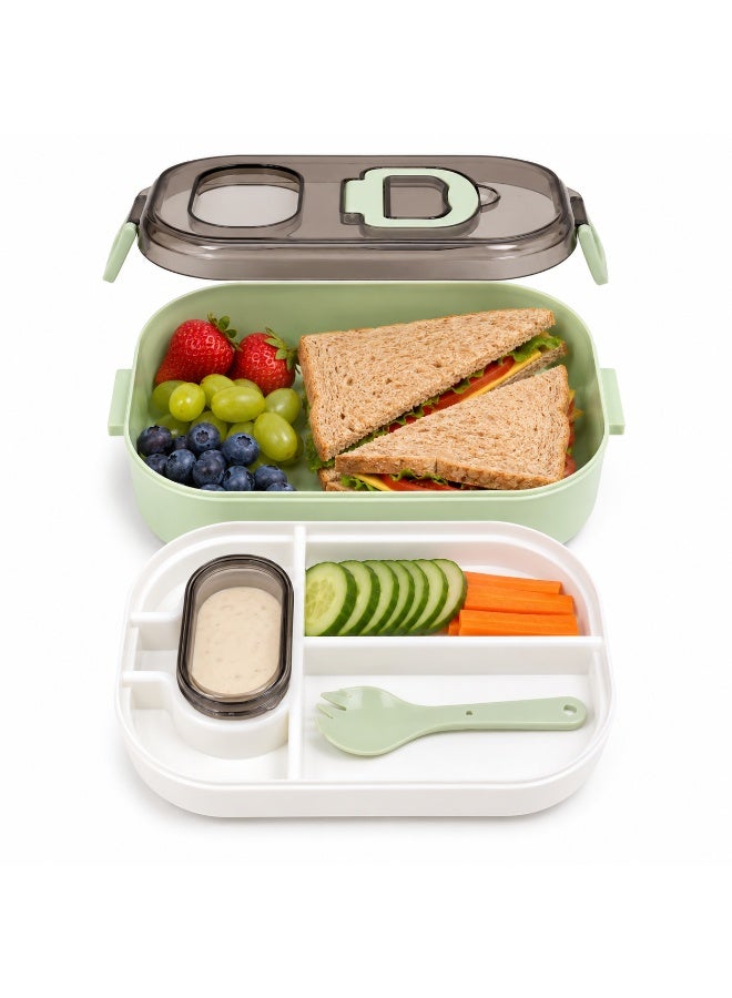 2-Tier Bento Lunch Box with Compartments, Sauce Container and Spoon Fork, Transparent Secure Lid with Carry Handle, Microwave Safe Without Lid, BPA-Free for School and Work - Mint Green - Image 3