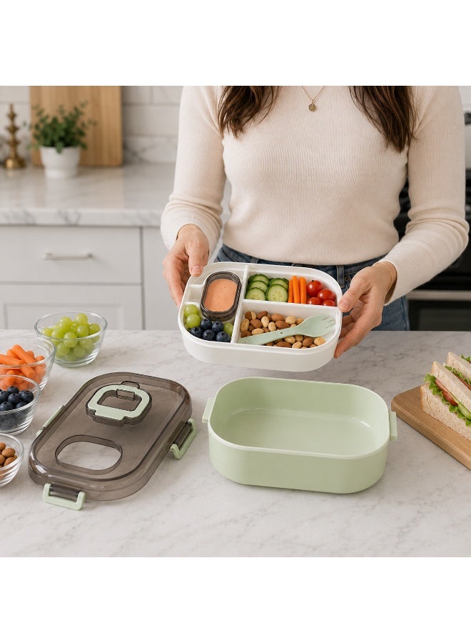 2-Tier Bento Lunch Box with Compartments, Sauce Container and Spoon Fork, Transparent Secure Lid with Carry Handle, Microwave Safe Without Lid, BPA-Free for School and Work - Mint Green - Image 5