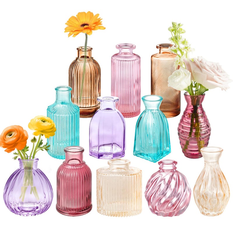 PHUNTTEK 12PCS Mixed Colored Bud Vases Small Glass Vases for Flowers Colorful Vintage Flower Vase for Centerpieces Aesthetic Glass Bottles Bulk Wedding Baby Shower Home Decorations Gifts - Image 1