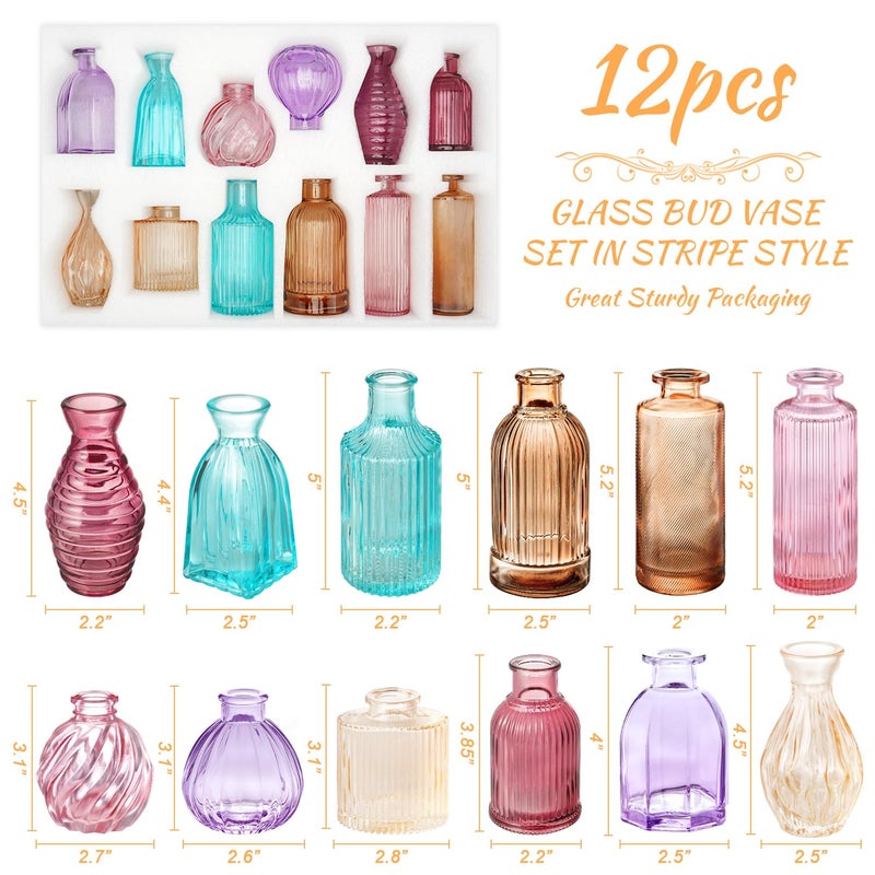 PHUNTTEK 12PCS Mixed Colored Bud Vases Small Glass Vases for Flowers Colorful Vintage Flower Vase for Centerpieces Aesthetic Glass Bottles Bulk Wedding Baby Shower Home Decorations Gifts - Image 2