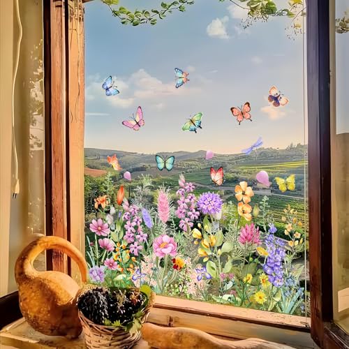 AOLTNRC 2 Pack Flower Window Clings, Removable Static Floral Window Decals for Home Decor, Colorful Wildflower Bouquet Stickers for Bedroom Living Room Office (Pink Purple) - Image 2