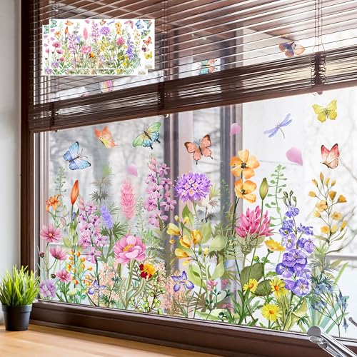 AOLTNRC 2 Pack Flower Window Clings, Removable Static Floral Window Decals for Home Decor, Colorful Wildflower Bouquet Stickers for Bedroom Living Room Office (Pink Purple) - Image 1